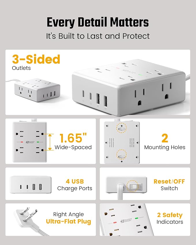 SUPERDANNY Extension Cord,Flat Plug Surge Protector Power Strip,6Ft | 8 AC & 4 USB Ports (2 USB C),Surge Protector with 1050J,Desk Charging Station for Home Office,College Dorm Room Essentials - Image 8