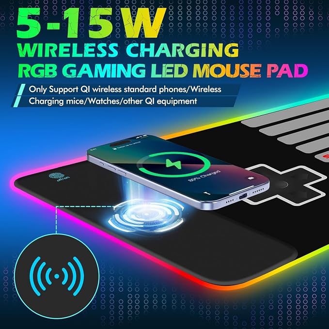 ToLuLu RGB Wireless Charging Gaming Mouse Pad, 7.5/10/15W LED Mouse Pad | Computer Keyboard Mat 10 Light Modes Mousepad, 800x300x4MM Extended Large Big Desk Pad Desk Mat, Game Console Buttons Black - Image 2