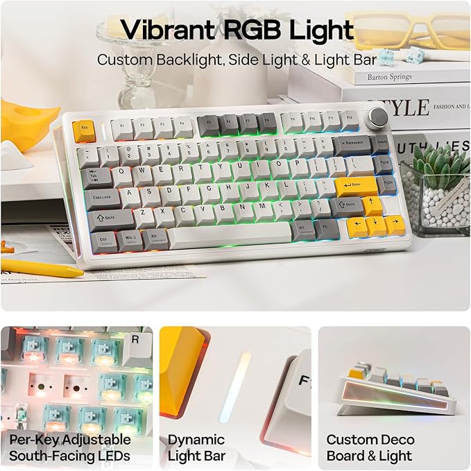 EPOMAKER TH80 V2 75% Wireless Mechanical Keyboard with Metal Knob, 8000mAh | 2.4Ghz/BT/USB-C, RGB, Hot Swap, Custom Driver, PBT Keycap, Wireless Gaming Keyboard for PC/Mac (White, Creamy Jade) - Image 4