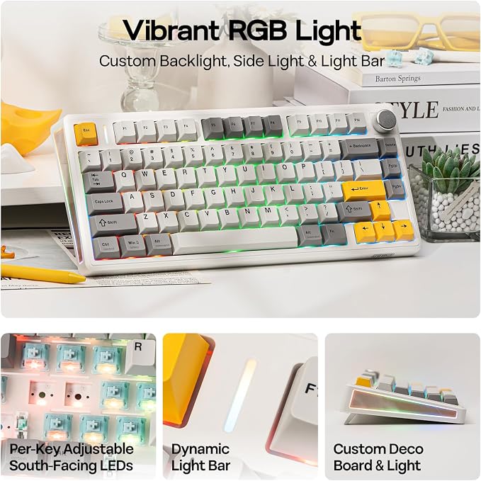 EPOMAKER TH80 V2 75% Wireless Mechanical Keyboard with Metal Knob, 8000mAh | 2.4Ghz/BT/USB-C, RGB, Hot Swap, Custom Driver, PBT Keycap, Wireless Gaming Keyboard for PC/Mac (White, Sea Salt Silent) - Image 4