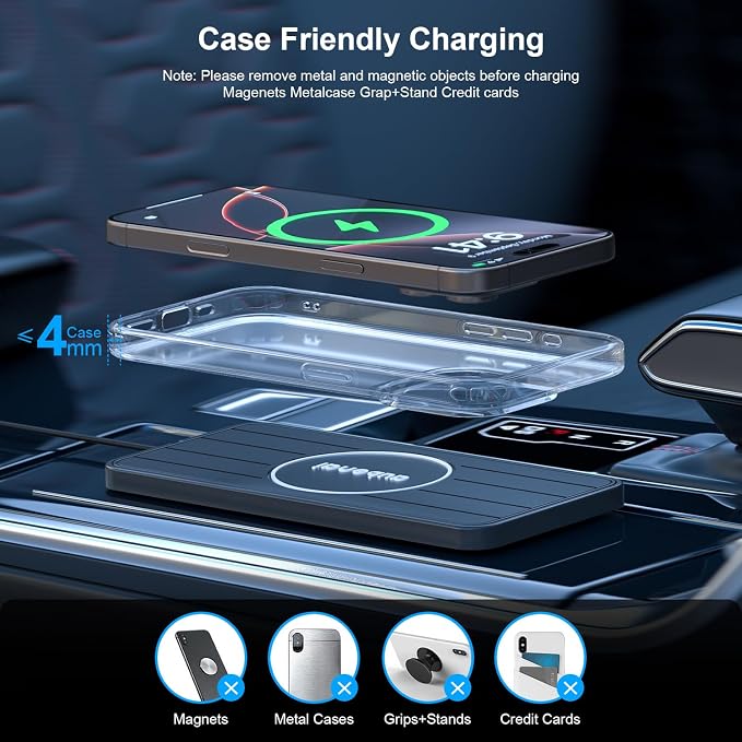 Wireless Car Charger Pad, 15W Fast Charging Pad with 70cm Extension Cable, Non Slip Car Wireless Phone Charger Mat Compatible with iPhone 16/15/14/13, AirPods, Samsung S25 S24(Extension USB-C) - Image 4