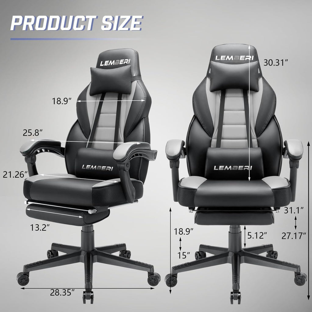 Ergonomic Gaming Chair with Footrest, 400lb Weight Capacity, Gray - Image 3