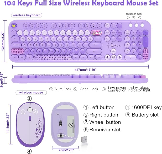 Wireless Keyboard and Mouse Combo, 104 Keys Cute Colorful Keyboard and Mouse with Retro Typewriter for PC/Mac/Laptop/Tablet/Computer/Windows Microsoft, Purple - Image 7