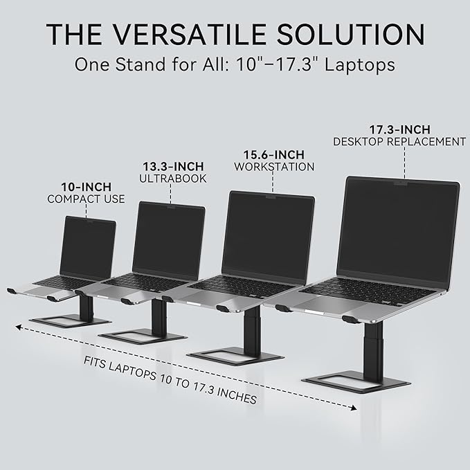 SOUNDANCE Adjustable Laptop Stand, Ergonomic Aluminum Riser for 10-17.3” Notebooks, Ventilated Metal Holder with Height Alignment for Desk Workspace, Black - Image 4