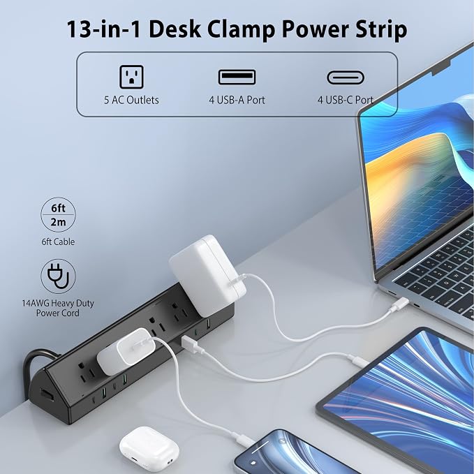 Jgstkcity Desk Clamp Power Strip,45W Fast Charging Station,4 USB-C,4 USB-A,Desk Mount Surge Protector,1875W Extension Cord with Multiple Outlets,ETL Listed,for Home Office Dorm Room | 4 USB-C,Edge Mount,1875W Extension Cord,15A Switch,ETL Listed,Office... - Image 2