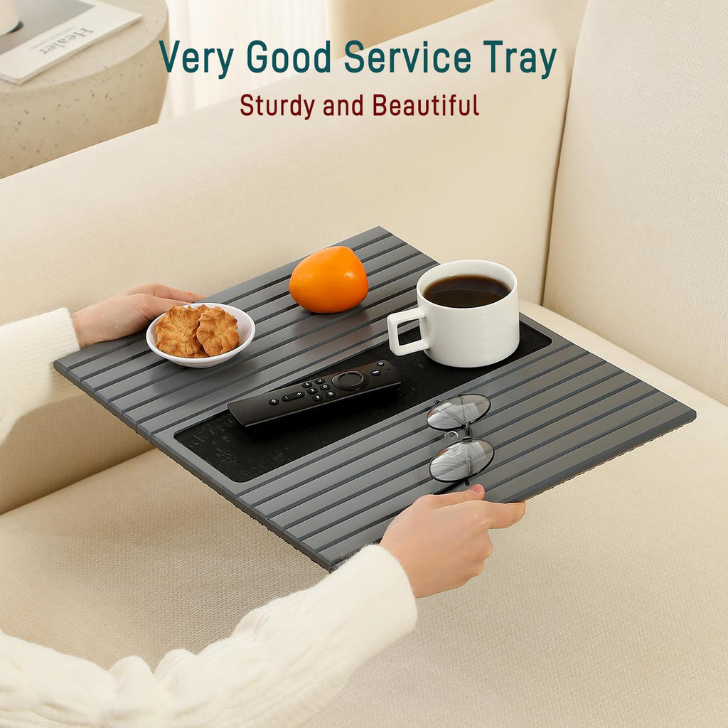 Bamboo Couch Arm Tray Table with Anti-Slip Cork Pad，Foldable Sofa Armrest Tray Table for Couch，Flexible Couch Arm Cup Holder，Portable Sofa Arm Chair Table for Drink, Snacks, Phone, Remote (Gray) - Image 5