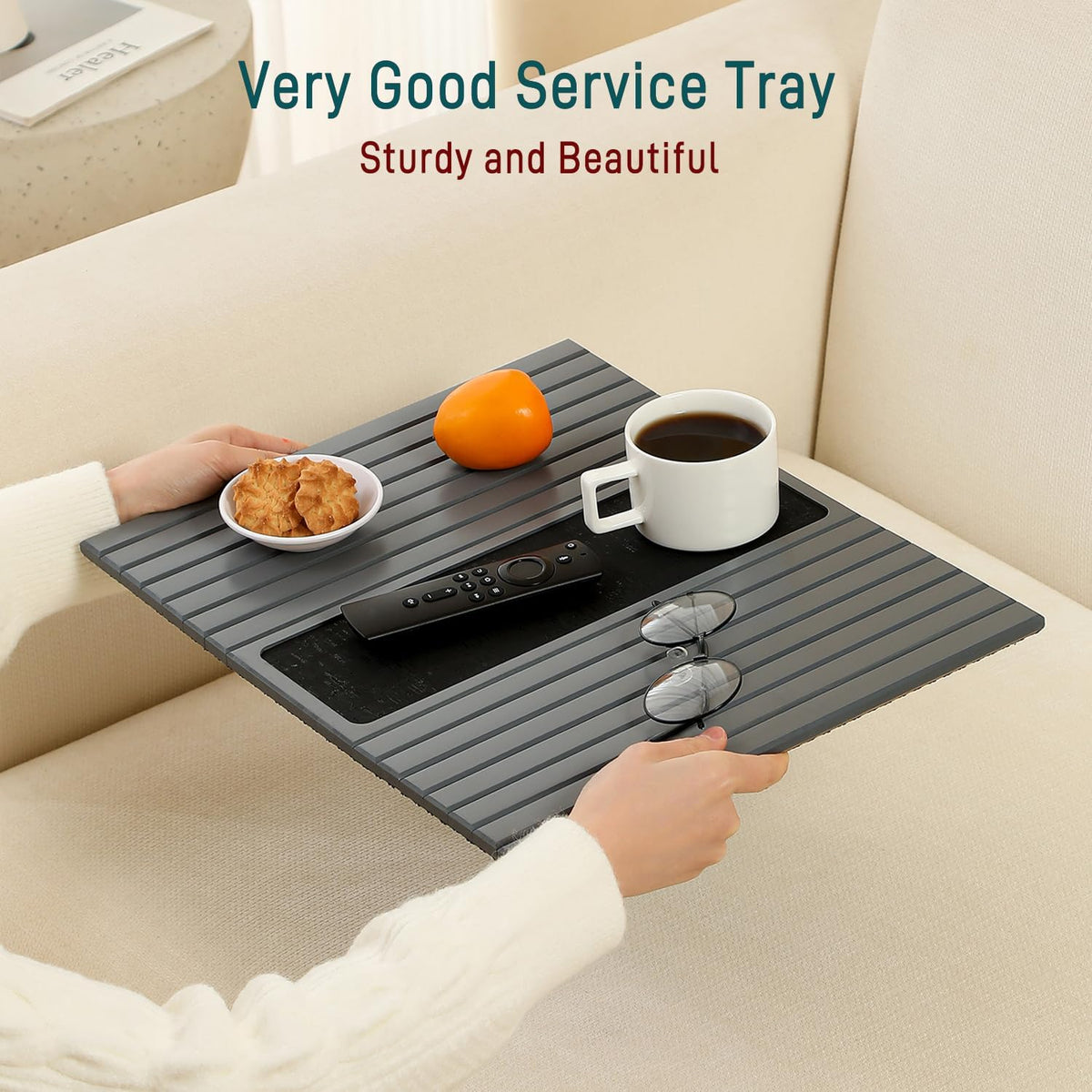 Bamboo Couch Arm Tray Table with Anti-Slip Cork Pad，Foldable Sofa Armrest Tray Table for Couch，Flexible Couch Arm Cup Holder，Portable Sofa Arm Chair Table for Drink, Snacks, Phone, Remote (Gray) - Image 5