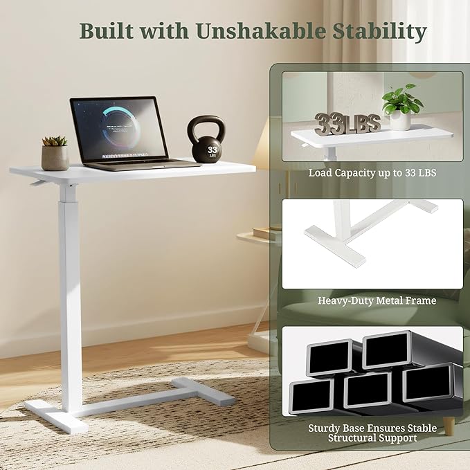 Mobile Standing Desk, Height Adjustable Laptop Desk with Hidden Casters | Stable Steel Frame, Smooth Lift Mechanism, Lockable Casters, Easy Assembly, Ideal for Home, Office & Dorm, White - Image 6