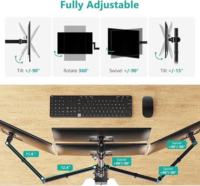 WALI Stacked 4 Monitor Mount for 13-27 inch Screens, up to 22 lbs per Arm | Quad Monitor Stand for Desk, Full Motion with Tilt, Swivel, Rotation, C-Clamp & Grommet Base, VESA 75/100mm (M004S), Black - Image 5