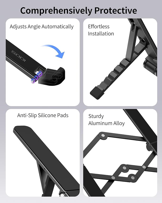 2025 Foldable Laptop Stand for Desk - Bi-fold Ergonomic Spring Adjustable Computer Holder, 3 in 1 Metal Portable Laptop Stand for Notebook, Phone, Tablet,10-16", Desk & Travel Use - Image 4
