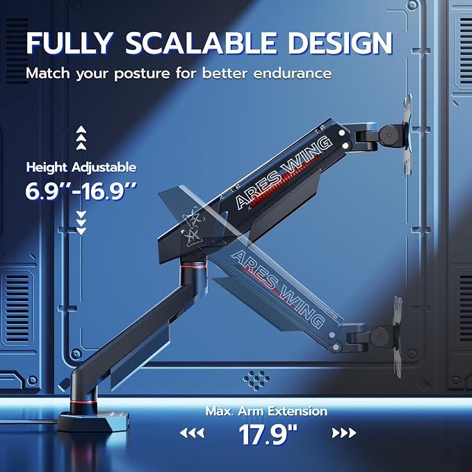 ARES WING 17-40 Inch Heavy Duty Single Monitor Arm with USB, Black | Fully Adjustable Monitor Mount for Flat Curved Ultrawide Screens Up to 26.5lbs, C-Clamp & Grommet Base, 75/100 Vesa Mount - Image 4