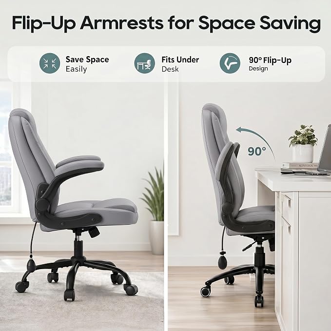 MALOL Leather Office Chair, Computer Desk Chair with Adjustable Lumbar Support, Thick Cushion, Flip-Up Arms and Ergonomic Back, Comfy Executive Office Chair for Home Office Gaming,Grey - Image 6