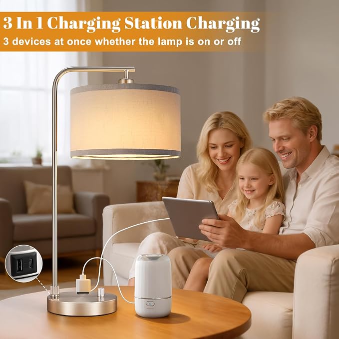 Innqoo Bedside Table Lamps for Bedroom Set of 2-Dimmable Nightstand Lamps with USB Port and Outlet,Modern Grey Lamps with Linen Shade,Tall Desk Lamps for Home Office Bedroom Living Room End Table - Image 4