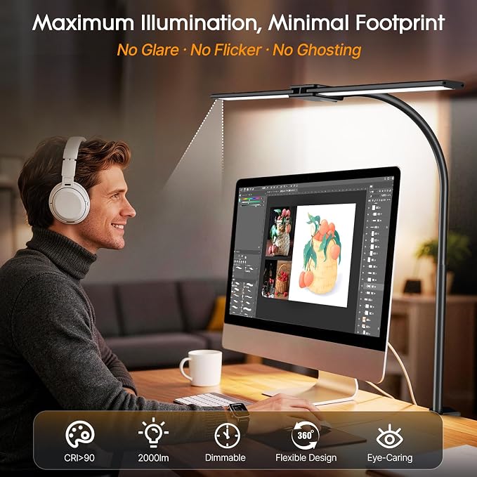 Syrinx LED Desk Lamp for Home Office, 18W 2000LM Dual Head Architect Lamp | Wide-Area Eye-Caring Lighting, Adjustable Gooseneck, Gesture & Wired Control, Memory & Timer, 50 Modes for Study & Crafting - Image 4