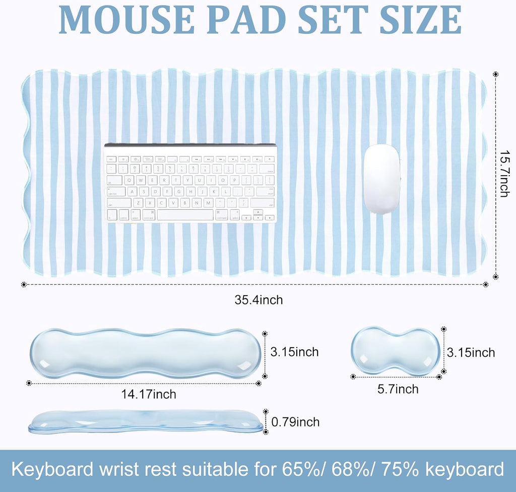 L-SPOUTTO Blue Striped Mouse Pad Set,Scalloped XXL Desk Mat + Ergonomic Mouse Wrist Rest + Gel Keyboard Wrist Rest for Keyboard 65%/75%,3in1 Large Desk Pad for Desktop Home Office Computer Game - Image 5