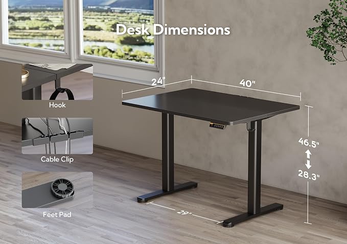 Claiks Electric Height Adjustable Standing Desk, 40x24 Inch, Black | Smooth Height Adjustment, 3 Memory Presets, Cable Management Hub&Hook, Stable Steel Frame, 176lbs Capacity, Easy Assembly - Image 3