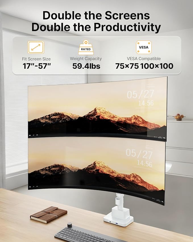 monTEK Dual Ultrawide Monitor Arm for 17-57" Screens, USB, White | USB-A/C ports, pneumatic lift, quick-release VESA 75/100 plates, clamp/grommet bases and hidden cable routing - Image 4