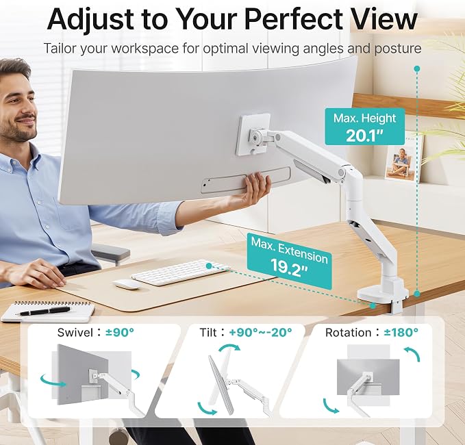Heavy Duty Single Monitor Arm for 17-49 Inch,Holds 44 lbs, White | Ultrawide Monitor Mount, Adjustable Gaming Desk Mount for 75/100 Vesa Mount - Image 4