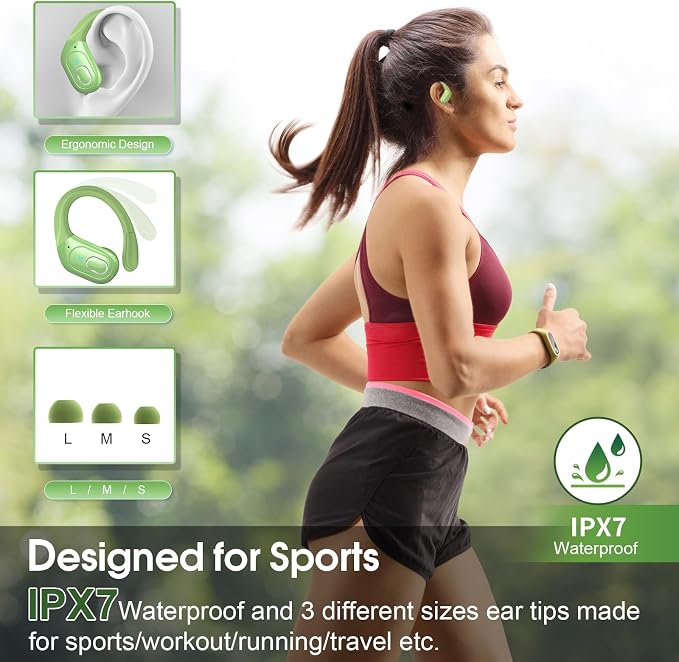 Wireless Earbuds 75H Bluetooth 5.4 Sport Headphones with Earhooks, Green | IPX7 Waterproof In-ear Buds Feature ENC Noise Cancelling Mic & Deep Bass. Stereo Sound Device for Gym Running Workout - Image 3
