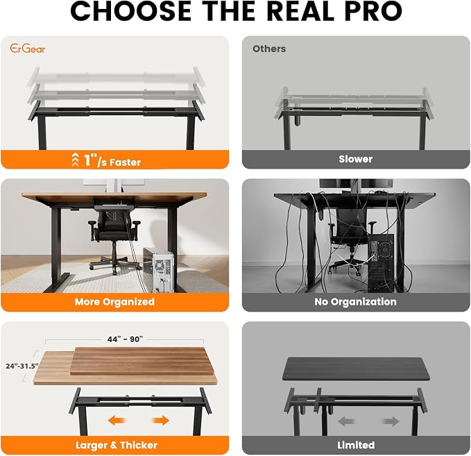 ErGear Dual Motor Standing Desk Legs for 44-90 inch Desktops, 264 lbs | 4 Memory Presets, Cable Tray, Dual Hooks, 28-47 inch Height Range, DIY Sit Stand Frame, Black Finish, Quiet Lifting, Black - Image 5