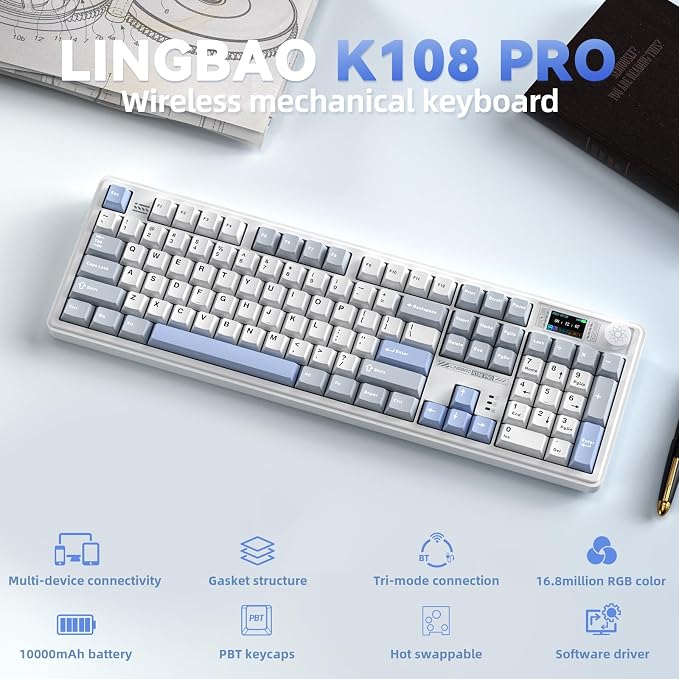 LINGBAO K108 Pro Wireless Mechanical Creamy Keyboard with Number Pad & Knob | Full Size Mechanical Keyboard with 10000mAh Battery, PBT Keycaps, Gasket Mount, RGB Backlit Hot-swap Custom Keyboard for PC - Image 2
