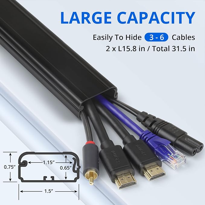 ZhiYo TV Cord Cover for Wall, 32 inch Cable Concealer, Cord Hider for Wall Mounted TV, Paintable Wire Cover to Hide Wires, Black Cable Raceway Kit, 2X L15.8in W1.5in H0.75in - Image 2
