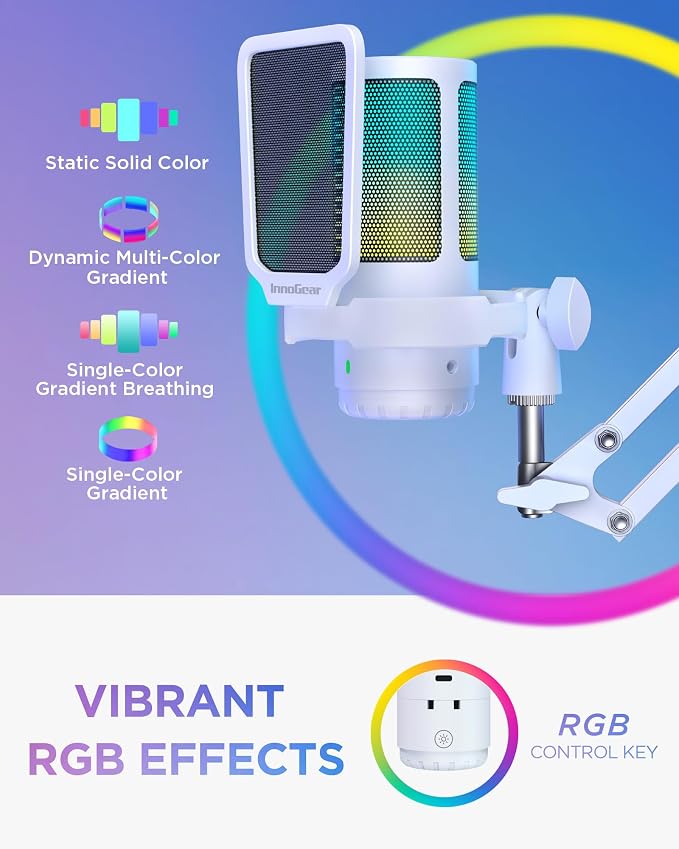 InnoGear Gaming Mic USB Computer Microphone for PC Boom Arm Stand, White | Noise Cancellation, Adjustable Boom Arm, One-Touch Mute, Flexible Angle, 4 RGB Modes, Work with PS4/PS5, Wide Frequency Range - Image 5
