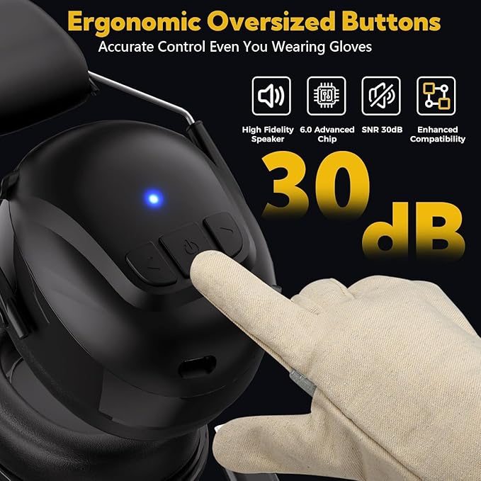 Kalence Bluetooth 6.0 Hearing Protection with 120H Working Time, 30dB Safety Earmuffs, Rechargeable Ear Protection Headphones with Mic for Mowing, Workshops, Construction, Snowblowing, Black - Image 5
