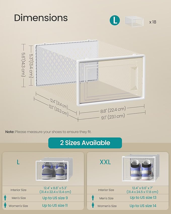 SONGMICS Shoe Boxes, Clear Plastic Sneaker Box, Pack of 18 | Stackable Shoe Storage Organizers, for Closet, 13.1 x 9.1 x 5.6 Inches, Transparent and White, DENNYS Collection ULSP18SWT - Image 5