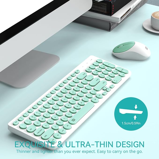 Wireless Keyboard and Mouse Combo - 2.4GHz USB Cordless, Cute Round Keys, Quiet and Slim Set for Laptop, Computer, TV, and Mac - Mint Green & White - Image 5
