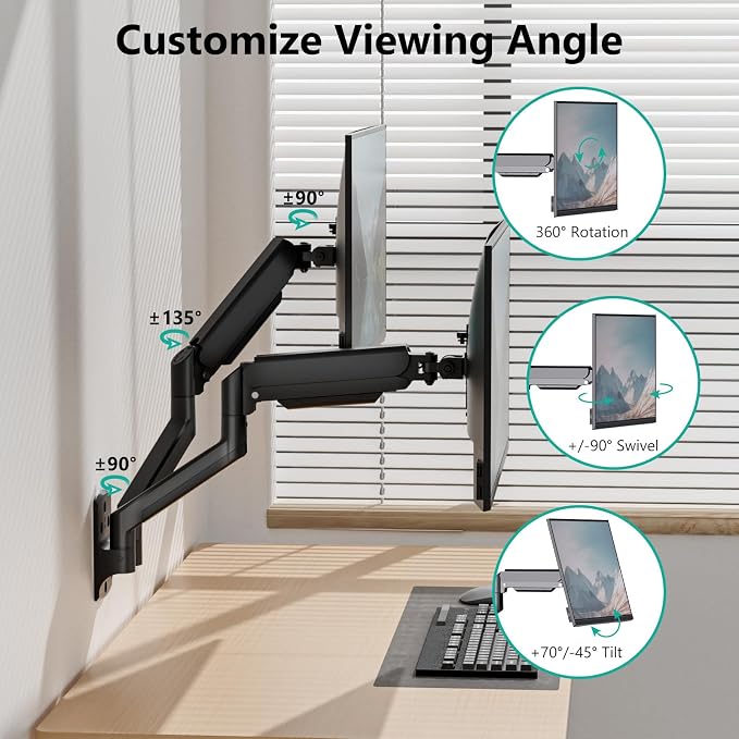 WALI Dual Monitor Wall Mount for 17-32 inch Screens, up to 22 lbs per Arm | Wall Mount Monitor Arms for 2 Monitors, Full Motion with Height Adjustment, Tilt, Swivel, Rotation, VESA 75/100mm (GSWM002) - Image 5