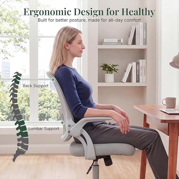 Home Office Desk Chair with Flip-up Armrest, Computer Chair | Lumbar Support, Height Adjustable, Mesh Mid-Back, Ergonomic Task Gaming Chair with 360° Swivel Wheels for Adults, Grey - Image 6
