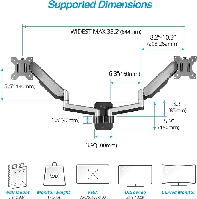 AVLT Dual Monitor Arm Wall Mount for 13-32" Screens, Full Motion - Silver | Supports flat/curved screens up to 17.6 lbs each. Smooth gas spring, VESA 75x75/100x100 and clean cable routing - Image 3