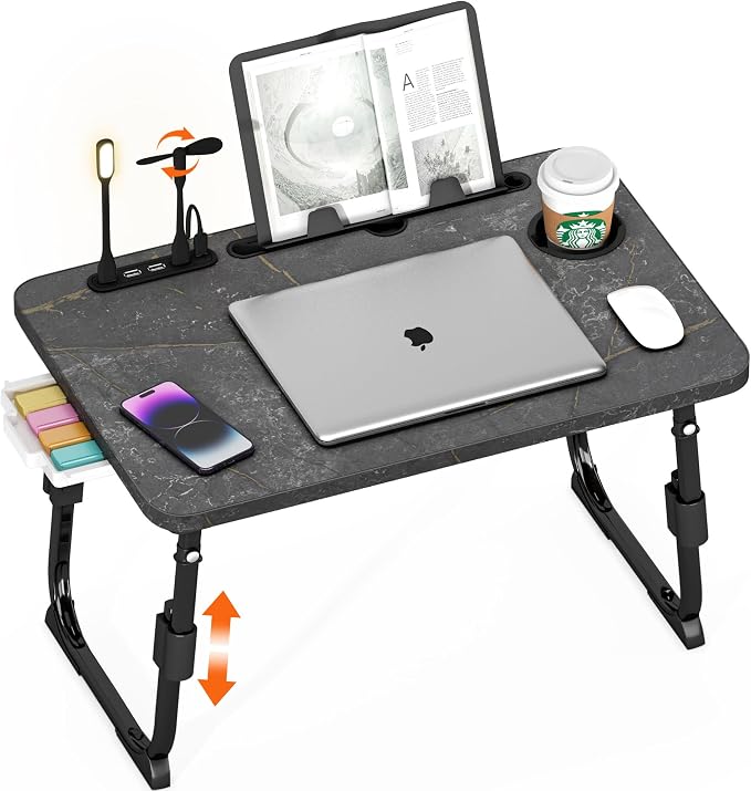 Lap Desk for Bed Adjustable Height with USB Port 23.6" x15.7" Desktop | Storage Drawer, Bookshelf, Fits 17" Laptop, For couch WFH Study, Foldable Non-Slip No Assembly Sturdy Lightweight DeepStone by PlayimaginationtodecorateHomeOffice