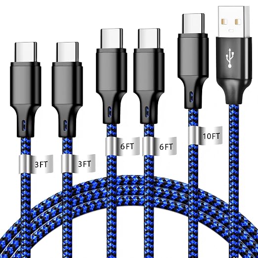 USB A to USB C Cable, 5 Pack Type C Fast Charger Cord (BlackBlue) | 3/3/6/6/10ft Nylon Braided Data Transfer Wire for iPhone 17/16/15 Plus/Pro Max iPad Air Ps5 Controller Samsung Galaxy by CUGUNU