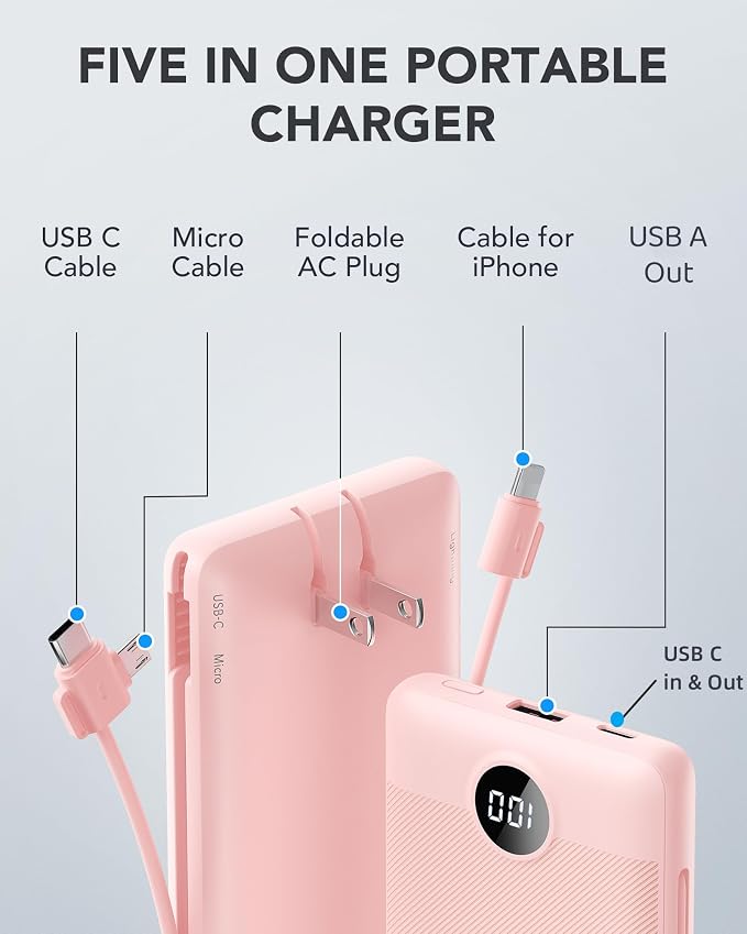 VRURC Portable Charger, Power Bank Built-in Cables and AC Wall Plug | USB C Power Bank 10000mAh Travel Essentials Phone Charger Compact External Battery Pack For Smart Phones, Tablets etc-Pink - Image 2