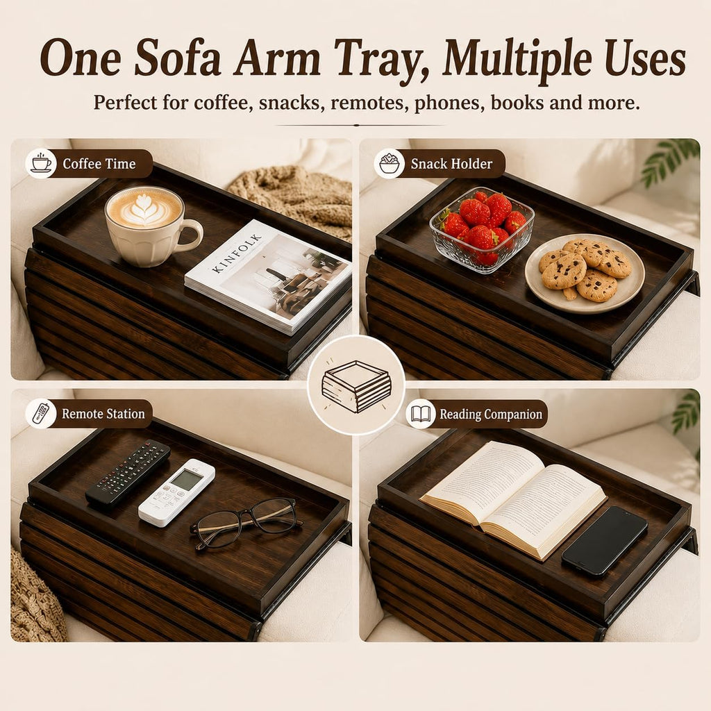 Bamboo Couch Arm Tray with Walnut Finish, Foldable Sofa Armrest Tray - Image 4