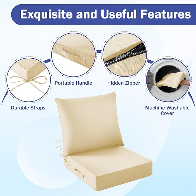 IASEAHK Outdoor Seat Cushion Set, Waterproof & Fade Resistant Patio Chair Cushions, Outdoors Cushion for Patio Furniture, 24 x 24 x 4 Inch, Outdoor Couch Cushions with Handle and Ties, Light Khaki - Image 5