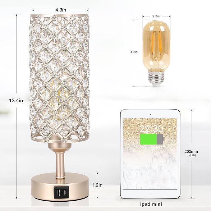 Crystal Table Lamp, 3 Way Dimmable Touch Lamps for Night Stands, Champagne | Champagne Gold Bedside Lamp, Nightstand Lamp for Bedroom (Bulb included) - Image 5