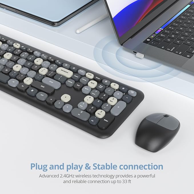 Surmen Colorful Black Quiet Keyboard and Mouse Wireless, Full-Size Girly Slient Keyboard Retro Typewriter Low-Noise 2.4GHz for Computer, Desktop, Laptop (X110-Blend Gray) - Image 2