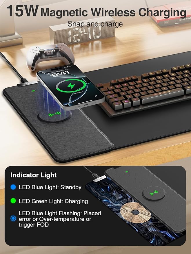 Magnetic Wireless Charging Mouse Pad, 31.5"x11.8" Large Desk Mat | Waterproof Mousepad, Smooth Glide, Stitched Edge, Non-Slip Rubber Base, Desk Pad Computer Keyboard Mat, No Adapter - Image 3