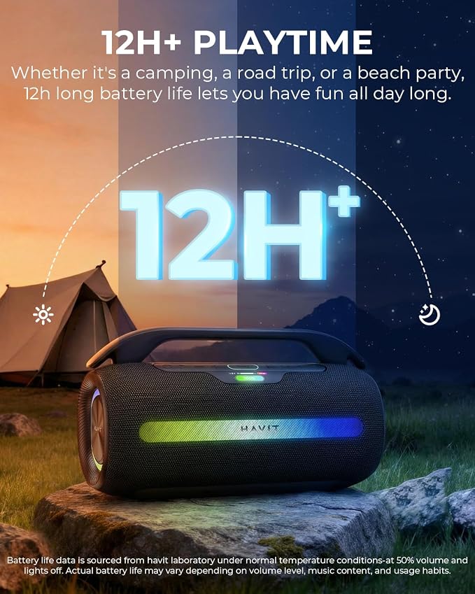 havit Outdoor Bluetooth Speaker, 120W Peak Loud Speakers with Deep Bass, Portable Wireless Speaker IPX6 Waterproof, RGB Light, 12H Playtime, TWS Stereo, EQ, for Party, Beach, Camping, Backyard, Garage - Image 6