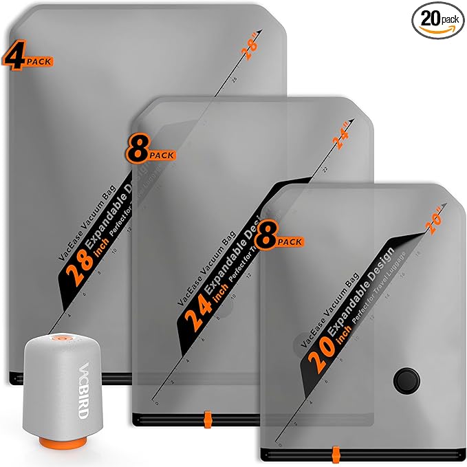 Vacbird Rechargeable Wireless Pump Travel Storage Bags Set - 20 Pack Portable Space Saver Bags for Travel & Home - Vacuum Compression Packing Seal for Clothes, Blankets, Seasonal Storage by VACBIRD