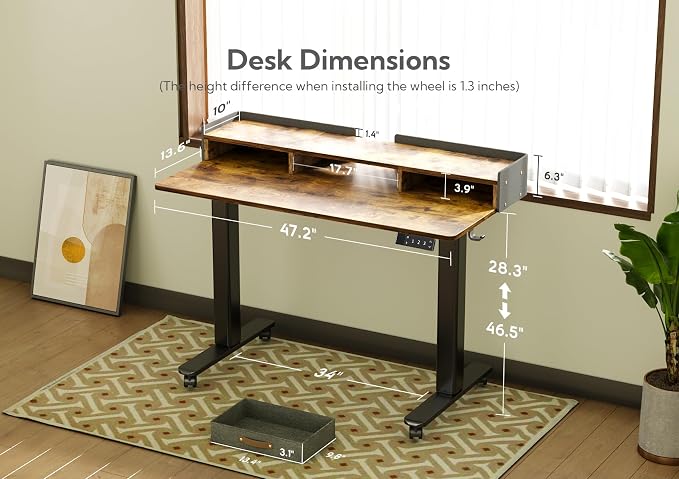 Claiks Standing Desk with Drawers & Wheels, 2 Height Shelf 48" Rustic Brown | 2 height adjust shelf, tabletop drawers, felt fence design, sturdy supports 176 lbs, 4 wheels, 2 tire monitor stand - Image 3
