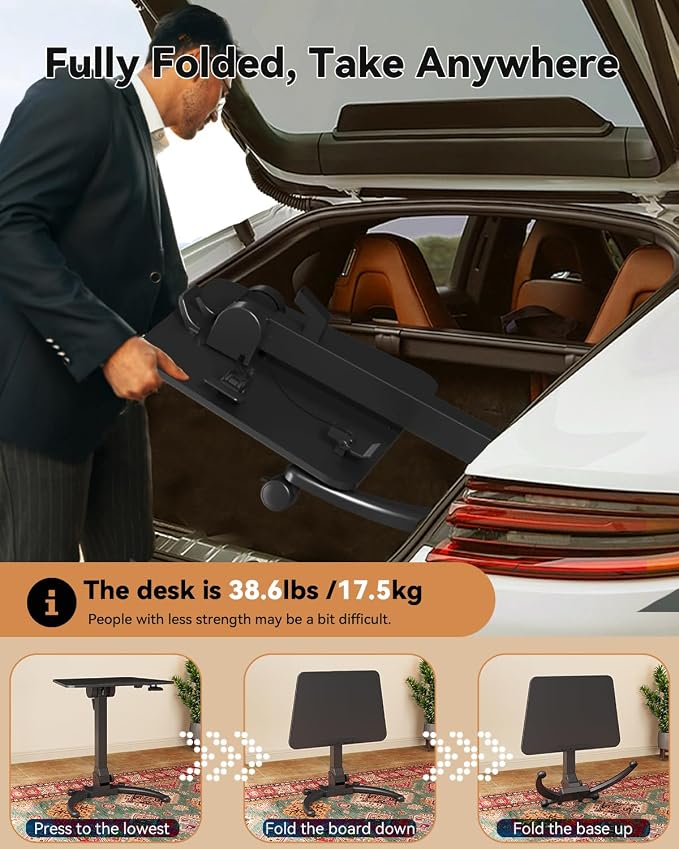 JOY worker Foldable Laptop Desk on Wheels, Adjustable Mobile Standing Desk | Max Height 47.6", 90° Tiltable Top & Base, Portable Height Adjustable Workstation with Lockable Casters, Holds 22lbs, Black - Image 8