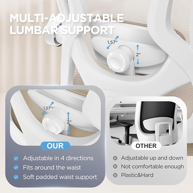 Ergonomic Office Chair with Footrest,Ultra Thick Desk Chair,Cream | 150°Reclining,Mesh High Back,Adjustable 2D Lumbar Support and Headrest,4.8" Spring Cushion,Premium Computer Chair for Adults - Image 3