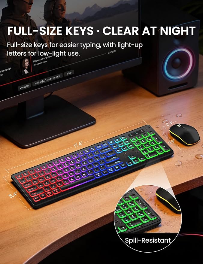 Wireless Keyboard and Mouse Combo with RGB Backlit, Rechargeable | Light Up Letters, Full-Size, Soft Typing, Sleep Mode, 2.4GHz Quiet Keyboard Set for Mac, Windows, Laptop, PC, Trueque KM42Pro - Image 7