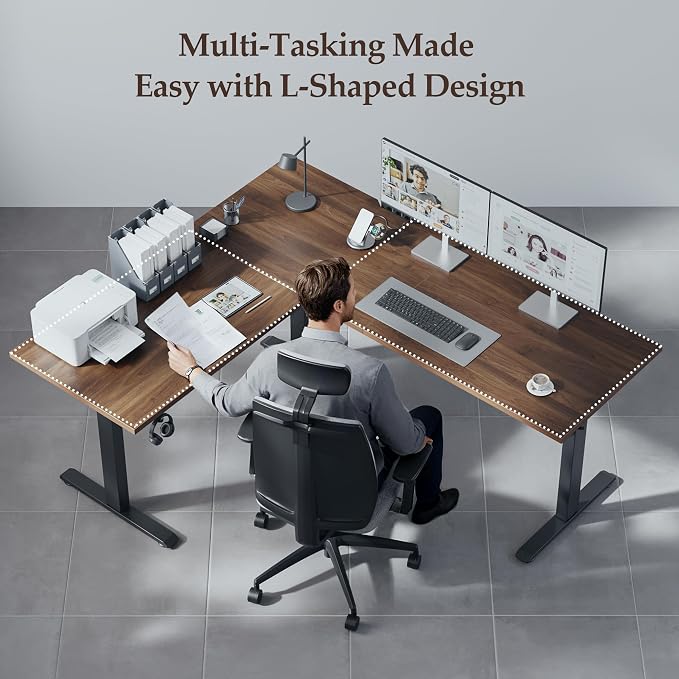Klicelor L Shaped Standing Desk 63 x 55.1 Inch Dual Motors, Electric Height Adjustable Corner Desk for Home Office Workstation, Ergonomic Sit Stand Computer Table with Memory Controller, Dark Walnut - Image 4