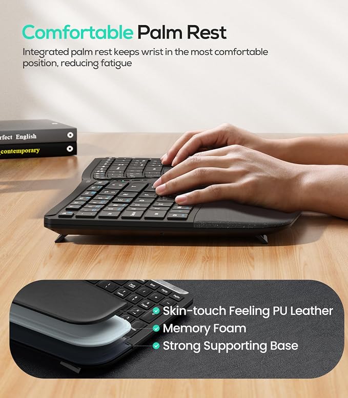Nulea RT07B Wireless Ergonomic Keyboard - Split Keyboard, Wrist Rest, Natural Typing, Bluetooth and USB Connectivity, USB-C Rechargeable,Compatible with Windows Mac (Silver White) - Image 4