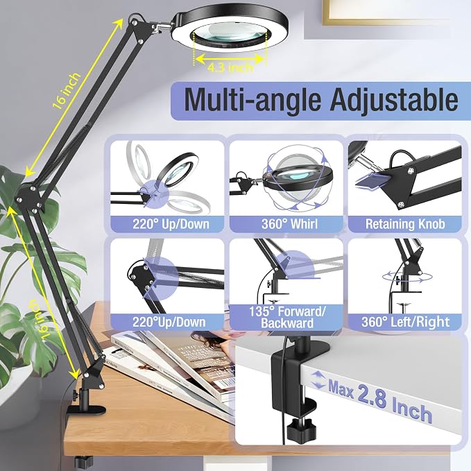 10X Magnifying Glass with Light and Clamp, Real Glass Stand Lighted Magnifier, 2*16 Arm 5 Color Modes Stepless Dimmable LED Desk Lamp Hands Free for Craft Hobby Reading Painting Close Work Large Black - Image 3